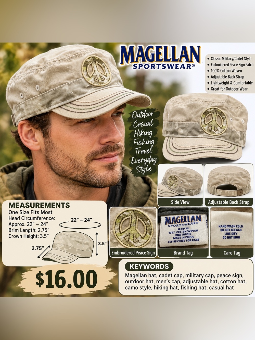 Magellan Outdoors Beige Military-Style Cap with Embroidered Peace Patch